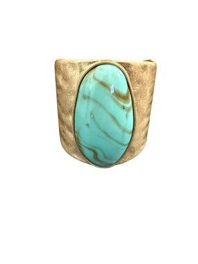Aratta Gold Cuff Bracelet With Turquoise Stone Accent Hinged Closure 2 3/4" Tall